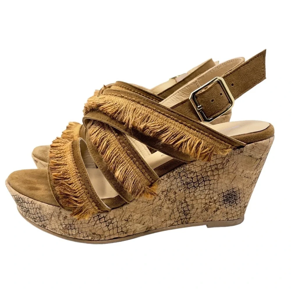 Brenda Zaro Womens Shoes 6US 36EU Tan Leather Fringe Wedge Sandals Western Boho
